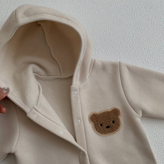 Bear Patch Hoodie Long Sleeve Button Up Romper - RYAN AND REMI