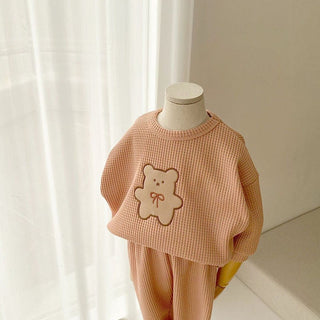 Baby Teddy Bear Waffle Cartoon Long Sleeve Top & Solid Color Pants Set - RYAN AND REMI