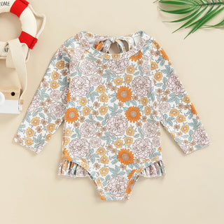 Baby Girls Heart Flower Print Long Sleeve Ruffle Bathing Swimsuit - RYAN AND REMI