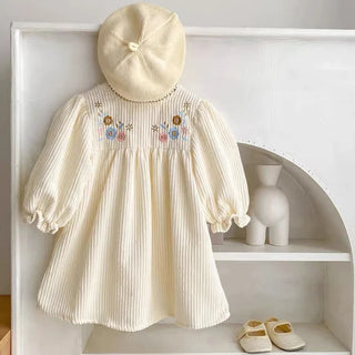 Corduroy Flower Embroidered Dress