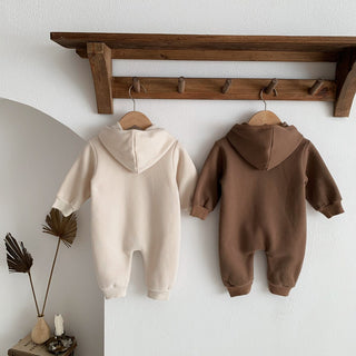 Bear Patch Hoodie Long Sleeve Button Up Romper - RYAN AND REMI