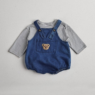 Teddy Bear Denim Jumpsuit with Striped Top Set - RYAN AND REMI