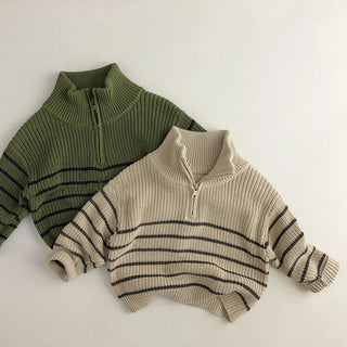 Stripe Turtle Neck Zip Up Sweater