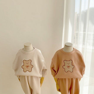 Baby Teddy Bear Waffle Cartoon Long Sleeve Top & Solid Color Pants Set - RYAN AND REMI