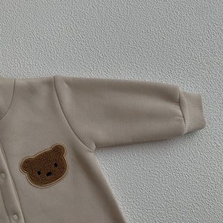 Bear Patch Hoodie Long Sleeve Button Up Romper - RYAN AND REMI