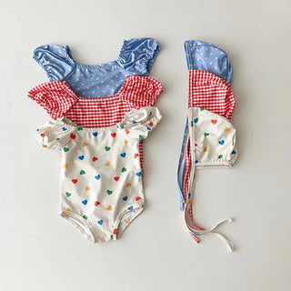 Baby One Piece Heart Print Girls' Swimsuits With Hat - RYAN AND REMI