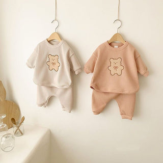 Baby Teddy Bear Waffle Cartoon Long Sleeve Top & Solid Color Pants Set - RYAN AND REMI