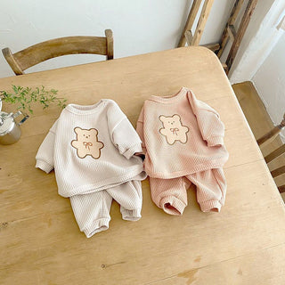 Baby Teddy Bear Waffle Cartoon Long Sleeve Top & Solid Color Pants Set - RYAN AND REMI