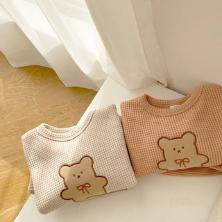 Baby Teddy Bear Waffle Cartoon Long Sleeve Top & Solid Color Pants Set - RYAN AND REMI