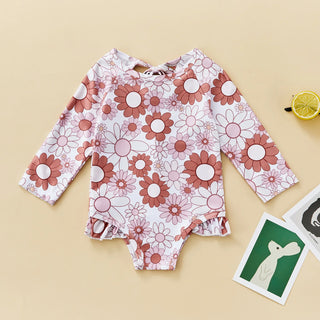 Baby Girls Heart Flower Print Long Sleeve Ruffle Bathing Swimsuit - RYAN AND REMI