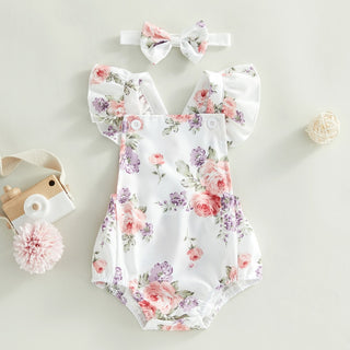 Baby Girl Nana Floral Romper Jumpsuit and Headband - RYAN AND REMI