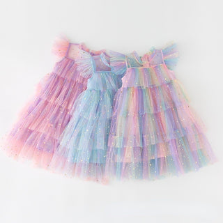 Tulle Fly Sleeve Rainbow Star Sequined Dress - RYAN AND REMI