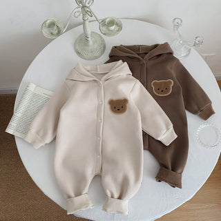 Bear Patch Hoodie Long Sleeve Button Up Romper - RYAN AND REMI