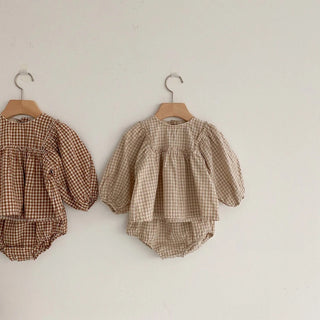 Plaid Balloon Sleeve Linen Bloomer Set