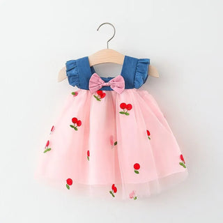 Mesh Denim Strawberry Dress