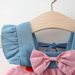 Mesh Denim Strawberry Dress