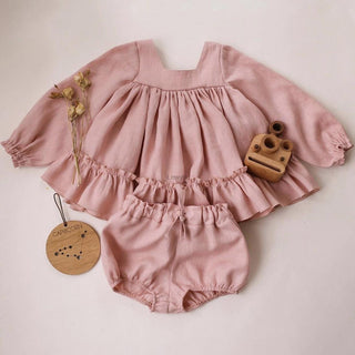 Ruffle Long Sleeve Cotton Dress Bloomer Set - RYAN AND REMI