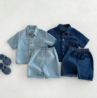 Solid Button Up Denim Shorts Set - RYAN AND REMI