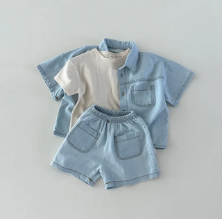 Solid Button Up Denim Shorts Set - RYAN AND REMI