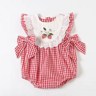 Strawberry Plaid Embroidered Romper