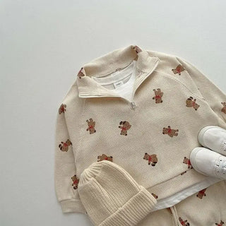 Waffle Teddy Bear Print Jogger Set