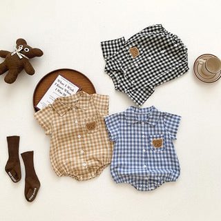 Boys Plaid Bear Patch Bodysuit - RYAN AND REMI