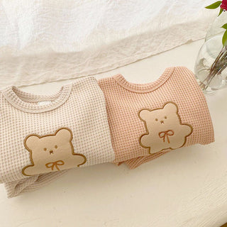 Baby Teddy Bear Waffle Cartoon Long Sleeve Top & Solid Color Pants Set - RYAN AND REMI