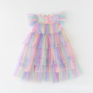 Tulle Fly Sleeve Rainbow Star Sequined Dress - RYAN AND REMI