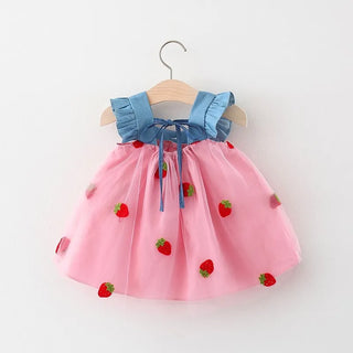 Mesh Denim Strawberry Dress