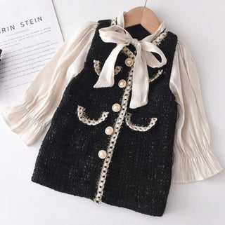 Toddler Girl Tie Neck Pearls Button Tweed Panel Dress - RYAN AND REMI