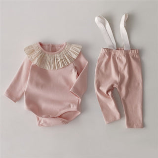 3 pcs  Frill Neckline Bodysuit and Suspender Leggings With Hat Set - RYAN AND REMI