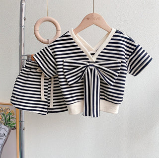 Toddler Girl Bow Tie V-Neck Top and Shorts Striped Set - RYAN AND REMI