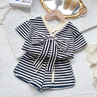 Toddler Girl Bow Tie V-Neck Top and Shorts Striped Set - RYAN AND REMI